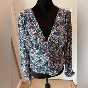 Lulu's Blue and Pink Wrap Blouse with Long Sleeves